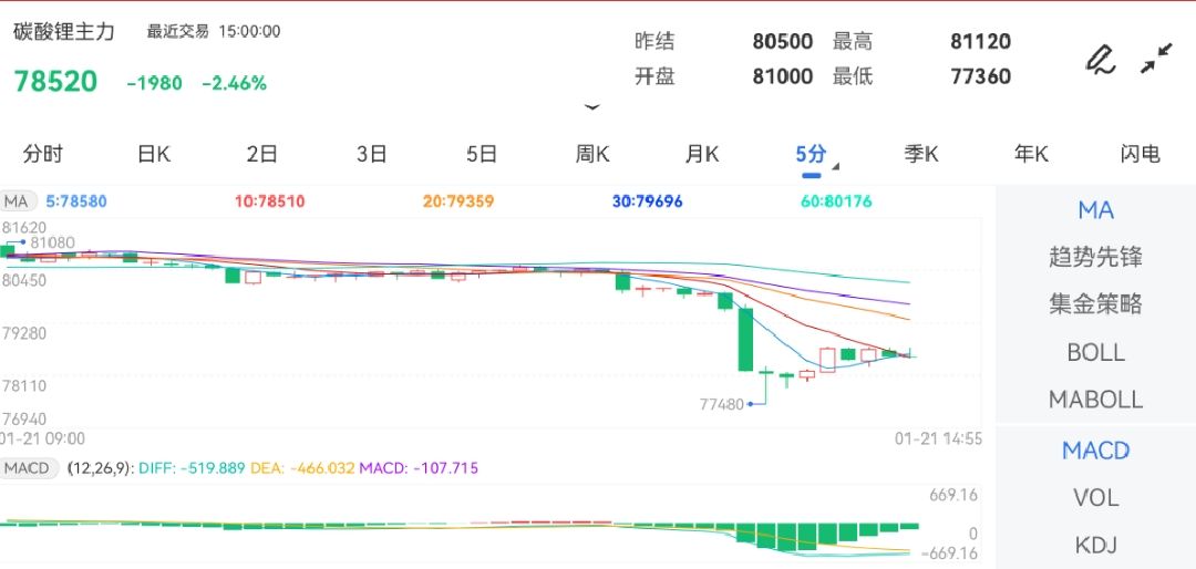 碳酸锂期货2月13日主力小幅下跌0.44% 收报77300.0元